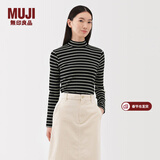 MUJI女式 起毛罗纹编织半高领长袖T恤上衣打底衫女款内搭春秋女装条纹 黑色条纹 L （165/88A）