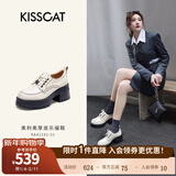 接吻猫KISSCAT女鞋[奥利奥]厚底乐福鞋秋冬季新款百搭系带JK真皮小皮鞋 米色牛皮革 34