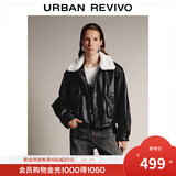 UR2025冬季新款女装气质拼接撞色毛领抽绳PU棉服UWM150071 黑色 (偏宽松) XS