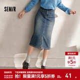 森马（Semir）森柔牛仔|牛仔半身裙女开叉长裙显腿长秋盐系复古直筒裙潮酷 牛仔蓝灰88401 M