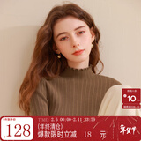 三彩冬款纯色坑条针织衫木耳边半高领修身打底内搭简约女 咖啡色 M