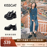 接吻猫KISSCAT女鞋[奥利奥]厚底乐福鞋秋冬季新款百搭系带JK真皮小皮鞋 黑色牛皮革 35