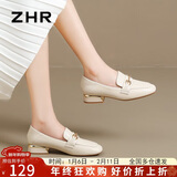 ZHR单鞋女英伦风舒适方头乐福鞋女两穿粗跟透气皮鞋女 K196 米色 38