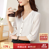 尚都比拉文艺复古设计感小众洋气系V领压褶衬衫袖七分袖雪纺衫 白色 M