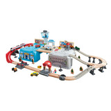 Hape(德国)儿童电动火车轨道玩具木质拼搭diy交运枢纽收纳套礼物E3773