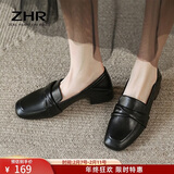 ZHR乐福鞋女一脚蹬真牛皮粗跟单鞋懒人鞋方头舒适英伦皮鞋女BL66黑37