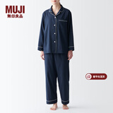MUJI 女式 无侧缝双层纱织睡衣女士家居服春秋纯棉条纹格纹长袖 女款 藏青色 L (上装165/88A下装165/70A)