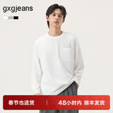 gxgjeans男装 加厚磨毛口袋设计宽松圆领长袖T恤男 25秋冬热卖 白色 春秋款 XL (180)