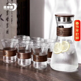 青苹果耐热玻璃杯子水壶套装 新中式竖纹家用耐高温防烫泡茶水杯 1壶6杯