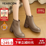 意尔康女靴羊皮粗跟气质通勤及踝靴加绒保暖短靴女 14734W 棕色   37