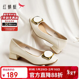 红蜻蜓秋冬女士粗跟小香风皮鞋职业通勤妈妈鞋高跟鞋WFB31540 米白色 39
