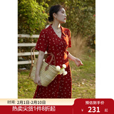 独束大码女装法式小翻领连衣裙女夏季新款遮肉显瘦雪纺裙子 红色 M （尺码：1）