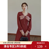 独束【落日海棠系列】大码复古连衣裙女秋冬新款胖mm显瘦内搭裙 砖红色-v领 M