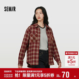 森马（Semir）长袖衬衫女春季中长款oversize翻领落肩格纹女生衬衣101125105007