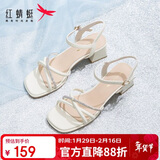 红蜻蜓凉鞋女夏季一字带粗跟法式高跟鞋气质搭裙女凉鞋WLK24083米白色37