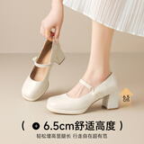 ZHR则则玛丽珍鞋子女春秋复古法式粗高跟单鞋女方头优雅女鞋CQ61米色35
