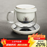 容山堂玻璃杯茶水分离绿茶泡茶杯珐琅彩陶瓷内胆加热保温杯垫茶具 海水江崖泡茶杯-保温底座雅白