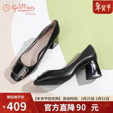 金利来（Goldlion）女鞋方头粗高跟简约金属扣饰浅口工作单鞋68291009601P-黑色-37码