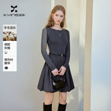 香影假两件针织收腰连衣裙女2026秋季新款学院风绞花拼接花苞短裙 中灰 M 160/84A/95-110斤
