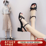 ZHR则则凉鞋女夏季新品仙女风粗跟一字带方头女鞋不规则交叉绊带高跟鞋子 黑色（纯色款） 36