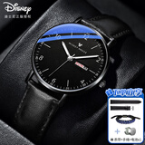 迪士尼（Disney）男士手表时尚潮流双日历石英表初中高中学生青少年手表黑色皮带