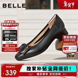 百丽情人节礼物法式小方糖气质平跟鞋女百搭淑女单鞋A6Z1DAQ4 黑色 34