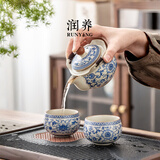 润养青花汝窑茶壶家用精致泡茶手抓壶一人饮茶具生日礼物送长辈伴手礼 【精选款】【汝窑青花缠枝手抓壶一壶二杯】