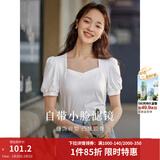 茵曼（INMAN）百搭法式褶皱方领短袖T恤2026夏季新款女装修身显瘦衬衫上衣 珍珠白 XL