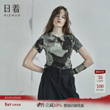 日着短袖T恤女原创设计女装夏新款女士潮短款上衣修身印花针织t恤女 待放绿 2XL