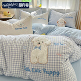 曼克顿（MANKEDUN）A类亲肤水洗棉床上四件套兔毛贴布绣卡通ins风床单被套三件套 汪汪西高地-小蓝格格 四件套1.8m 床单款 （被套200*230cm）