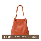 裘真情人节礼物008水桶包女斜挎通勤大容量真皮复古小众植鞣牛皮包包 焦糖色-大号