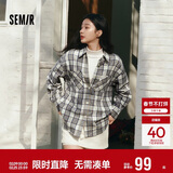 森马（Semir）长袖衬衫女春季中长款oversize翻领落肩格纹女生衬衣101125105007