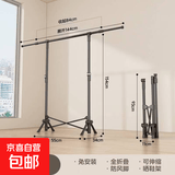 折叠晾衣架落地免安装伸缩晾衣杆室内阳台立式挂衣架家用晒衣架 曜石黑-单杆款 折叠可伸缩 三角防风