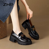 ZHR乐福鞋女真牛皮百搭增高单鞋女厚底通勤舒适女鞋 AY116 黑色 36 