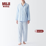 MUJI 女式 无侧缝双层纱织睡衣女士家居服春秋纯棉条纹格纹长袖 女款 浅蓝色条纹 S (上装155/80A下装155/62A)