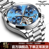 冠琴（GUANQIN）手表男机械表全自动镂空飞轮瑞士品质防水夜光皮带男士双日历手表 银色蓝面