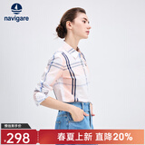 Navigare意大利小帆船女士长袖衬衫春秋季休闲格子衬衣莱赛尔高档寸衫 粉红/白 XL