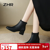 ZHR短靴女真牛皮舒适百搭方头女靴中跟显瘦休闲鞋子女 BL83A 黑色 37