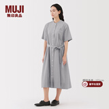 MUJI女式 凉感 短袖衬衫连衣裙女装裙子纯棉25年夏季长裙 灰色条纹 XL (165/92A)
