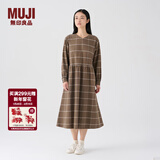 MUJI女式 法兰绒抽褶连衣裙 美拉德纯棉起毛宽松长裙子秋冬 BC08CC3A 褪色米色格纹 M 160/84A