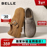 百丽厚底保暖毛毛鞋女2025冬新二层牛皮复古勃肯鞋JD009DM5 灰单里 35