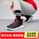 361°儿童运动鞋男童跑鞋秋冬密网轻便魔术贴女童皮革加绒保暖运动鞋 【皮革】碳黑/能量红色 36