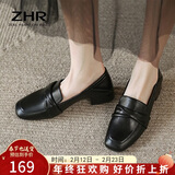 ZHR乐福鞋女一脚蹬真牛皮粗跟单鞋懒人鞋方头舒适英伦皮鞋女BL66黑39