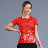 李宁羽毛球服上衣短袖专业比赛训练运动服圆领透气速干排汗队服印字 女子/红色上衣 M