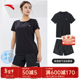 安踏速干运动套装羽毛球瑜伽服女士夏季透气短裤短袖T恤跑步跳操衣服 【速干套装】基础黑-6 S/160