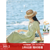 茵曼（INMAN）七七同款连衣裙2026夏女装新款田园纯棉提花方领A字泡泡袖蛋糕裙 淡绿色 74.6%粘纤 25.4%棉  L