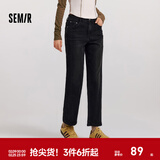 森马（Semir）森柔牛仔|牛仔裤女抓毛长裤女生冬季半松紧腰直筒裤美式休闲 牛仔水洗黑98201 S