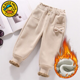 小黄鸭女童裤子秋冬款女宝宝加绒保暖儿童长裤冬季加厚灯芯绒卫裤 杏色-加绒（适合零上） 90 建议1-2岁可开档