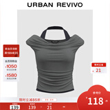 UR七夕2025秋季新款女装简约气质一字领挂脖褶皱短袖T恤UWJ450133 深灰花灰 L