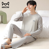 猫人睡衣男士100%纯棉长袖长裤春秋冬季新款宽松青少年外穿家居服套装 灰白【100%纯棉 亲肤柔软】 XL 【建议120-140斤】